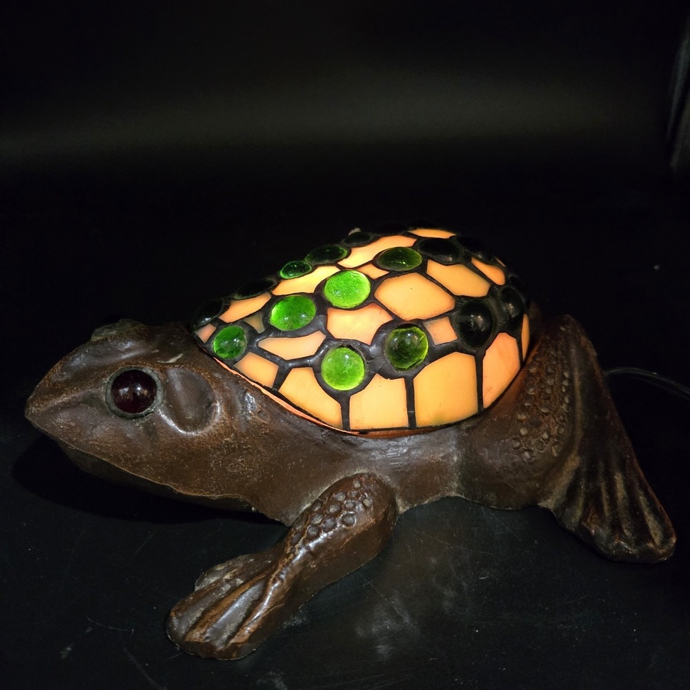 VTG Brass & Stained Glass Frog Toad Lamp Glass Jeweled Shell Night Light MCM EUC